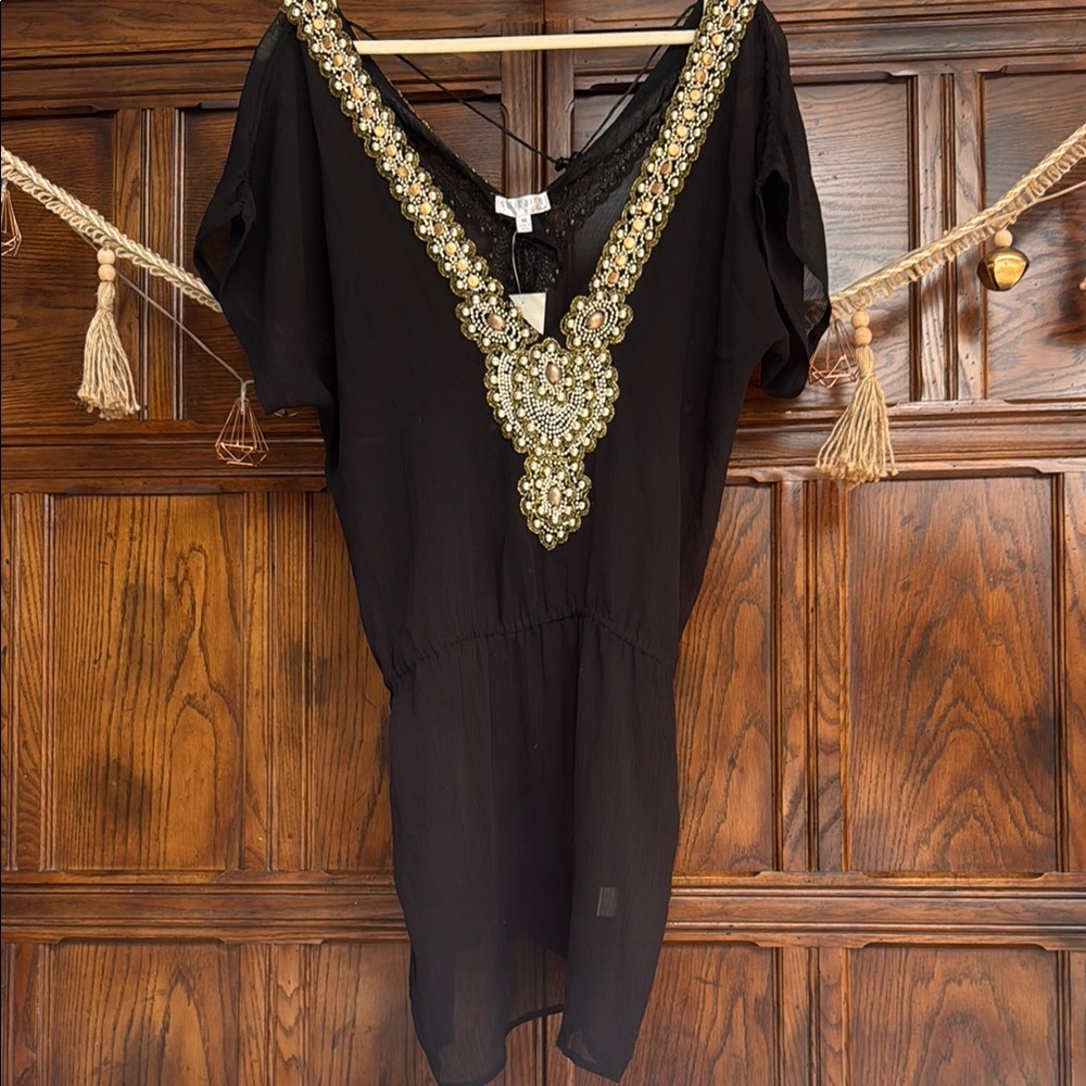 Embellished Black Tunic Top / Swim Coverup